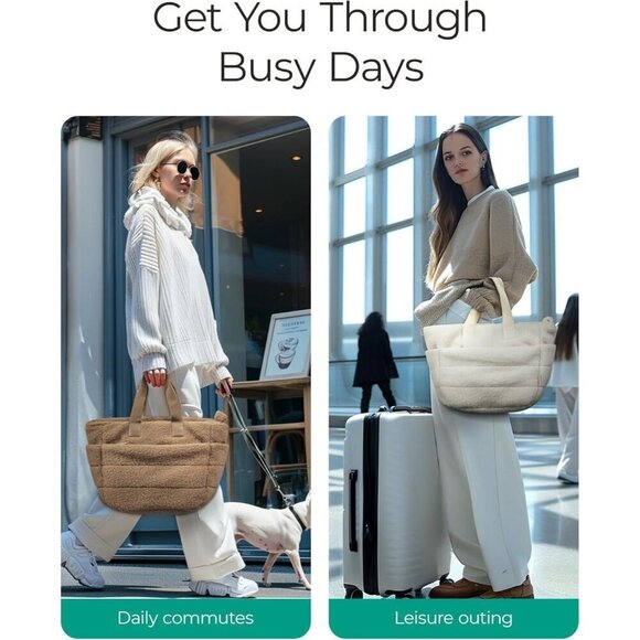 ✨ Bagsmart Fluffy Handle Bags women White Plush Tote Zipper Winter Cute Handbag - Picture 2 of 6